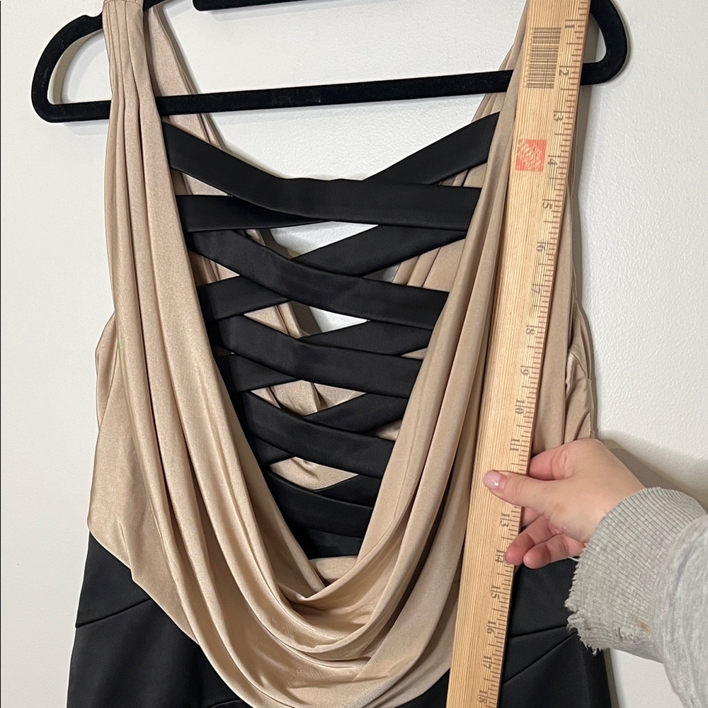 Sleeveless Draped Neck Two-Tone Cocktail Dress - Beige and Black - Picture 7 of 9